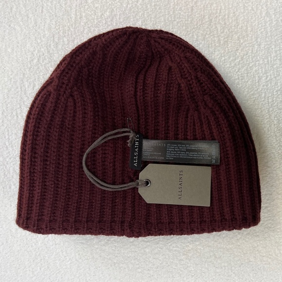 AllSaints Women\'s Cardigan Beanie and Cardigan Cuff Gloves, Dark Rust Red main image 6